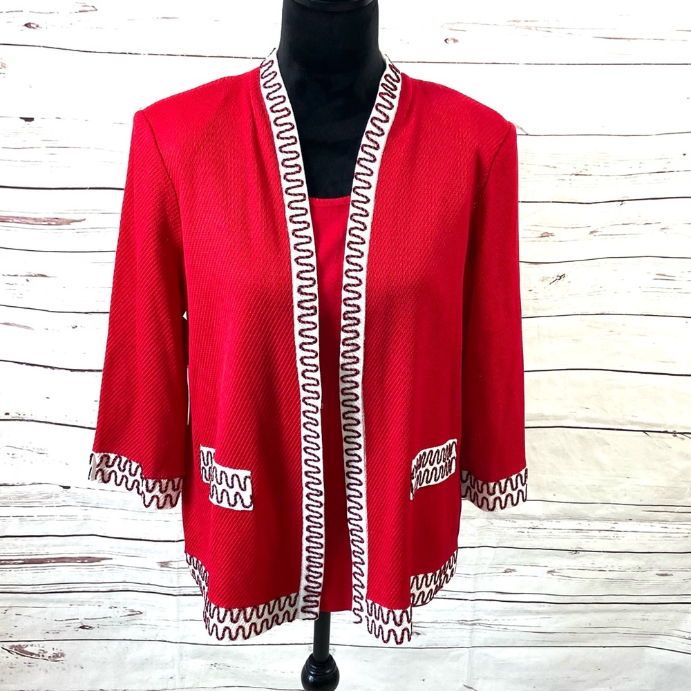 Misook Sweater Set Women’s Medium Red/ White Knit Cardigan & Tank Top‎